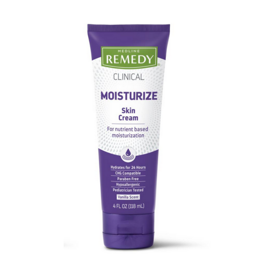 A 4 fl oz tube of Medline Remedy Clinical Skin Cream - Full Body Lotion in purple and white offers nutrient-rich, long-lasting hydration. CHG-compatible, hypoallergenic, lightly vanilla-scented—a premium moisturizer for 24-hour care.